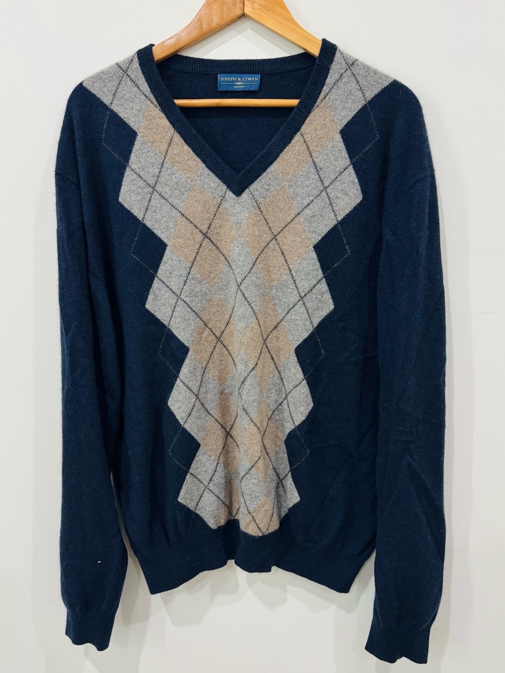 Joseph A. Lyman Navy V-Neck Argyle Sweater